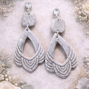 Handcrafted Silver Glitter Teardrop Statement Handmade Polymer Clay Earrings
